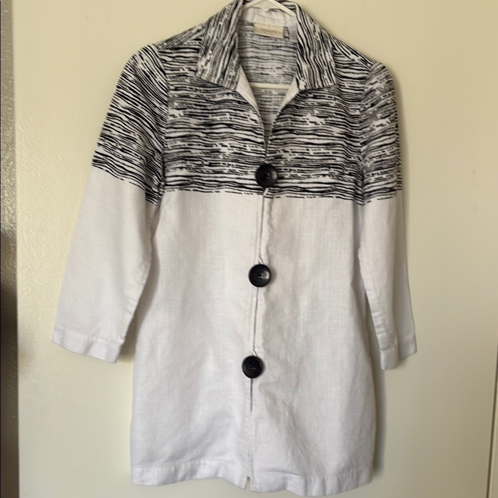 Chico’s Black and White Striped Button-Up Jacket linen&cotton